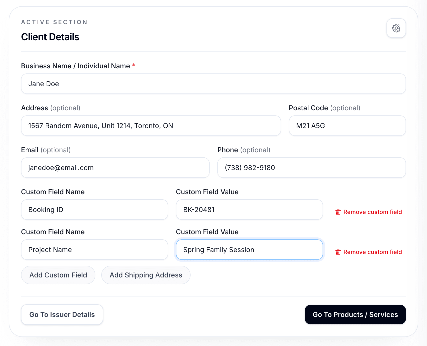 Client details tab filled out in the invoice generator