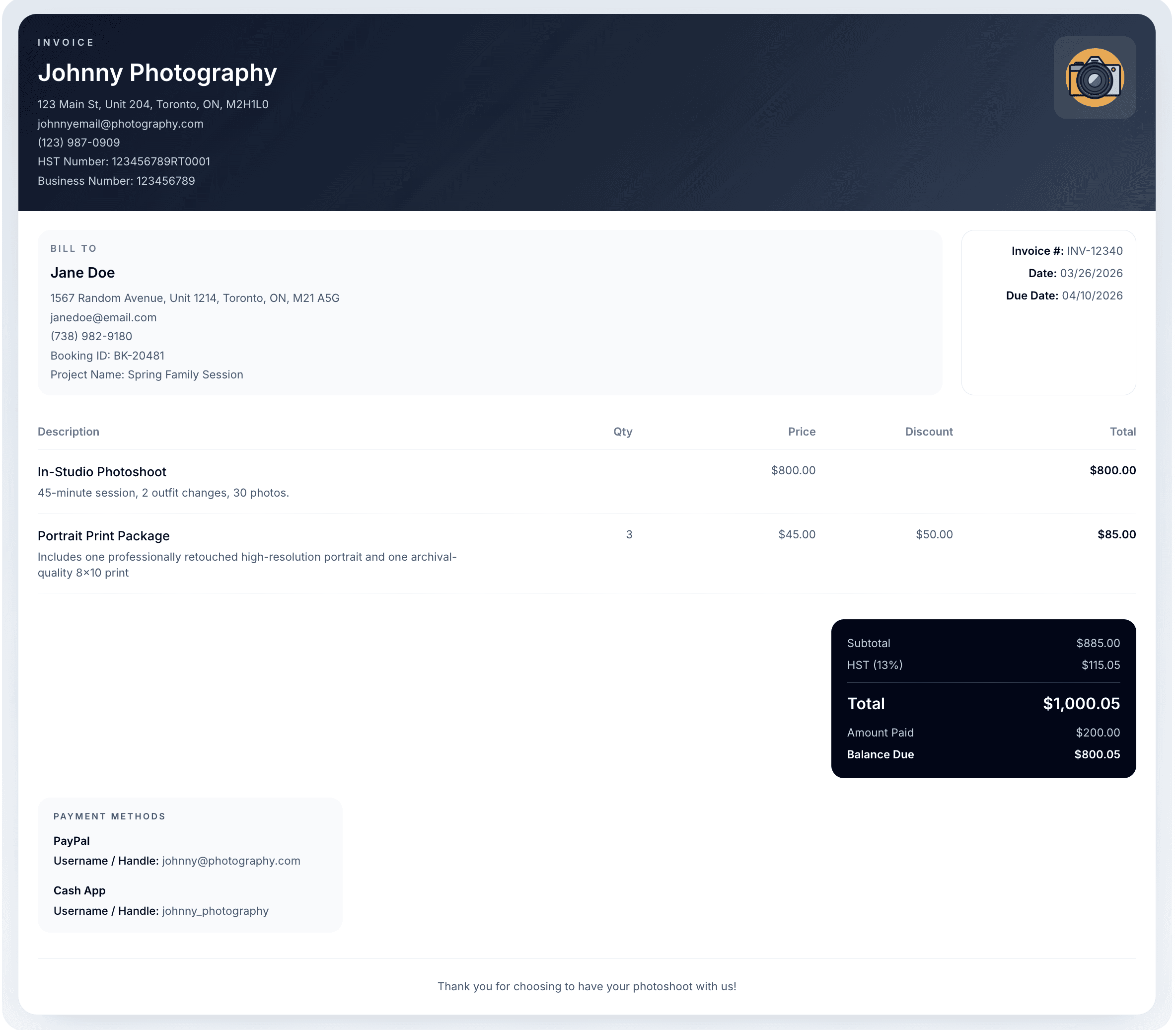 Live preview of a completed invoice in the modern template